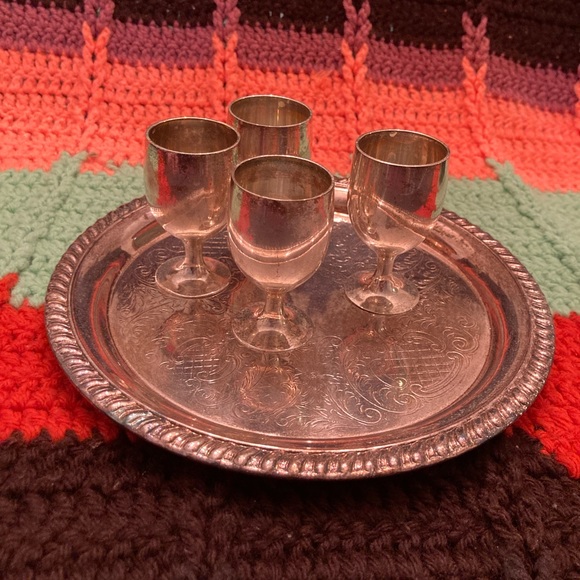 Vintage Silverplated Cordial Set - 1 Tray, Four Mini Goblets - Picture 2 of 16